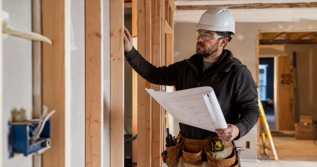 Construction professional reviewing plans during a residential renovation