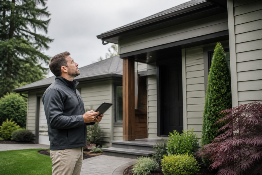 Exterior home service professional inspecting a Portland-area house