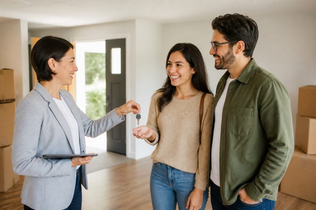 Real estate professional handing house keys to new homeowners
