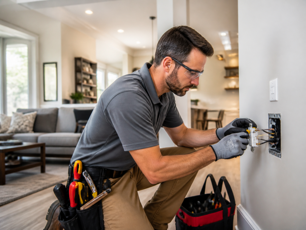 Residential electrician installing an electrical outlet in a home