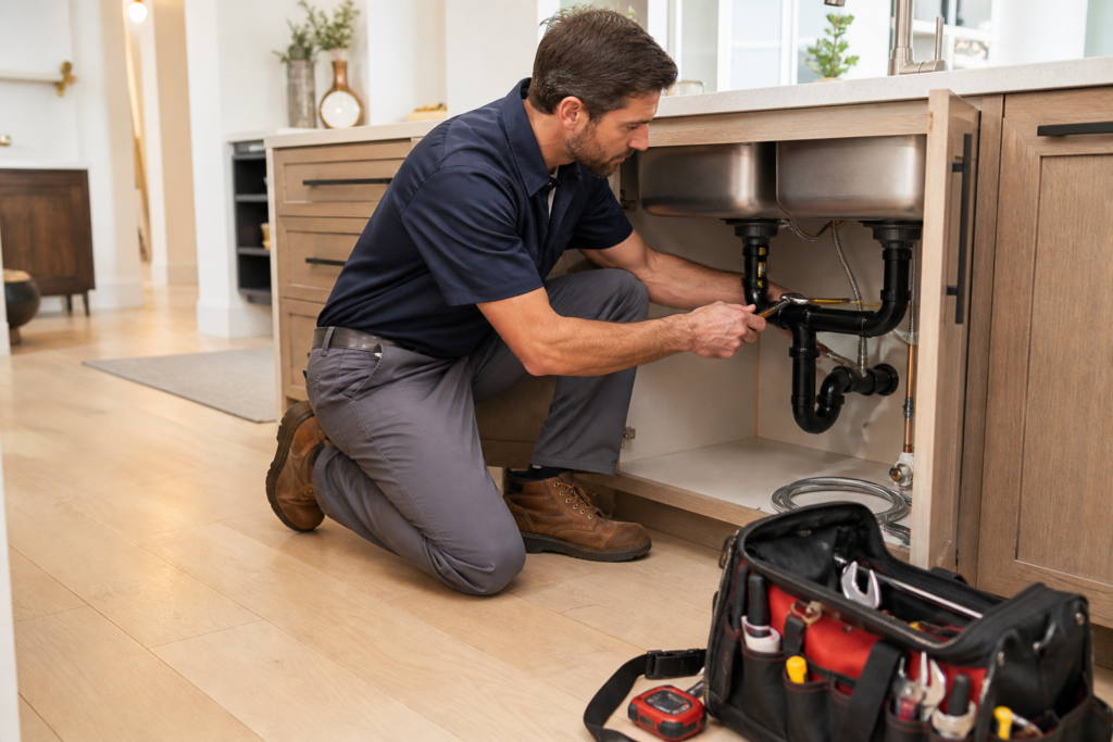 Professional residential plumber repairing pipes beneath a kitchen sink