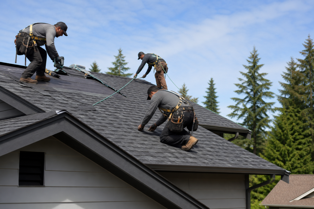 Professional roofing crew installing shingles on a residential home