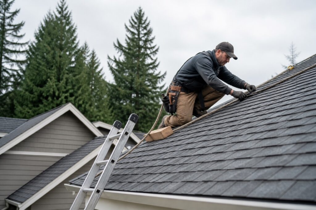 Residential roofing professional working safely on a Portland-area home